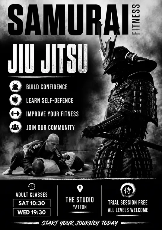 Samurai Fitness Jiu Jitsu — build confidence, learn self-defence, improve your fitness, join our community. Adult classes Saturday 10:30 and Wednesday 19:30 at The Studio, Yatton. Free trial session, all levels welcome.
