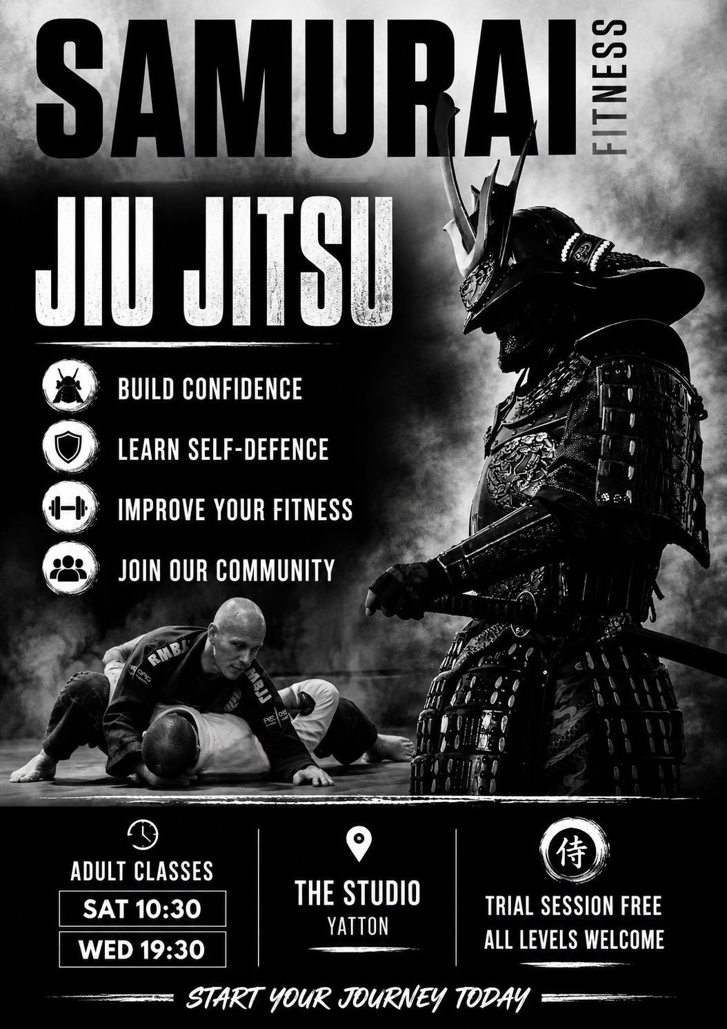 Samurai Fitness Jiu Jitsu — build confidence, learn self-defence, improve your fitness, join our community. Adult classes Saturday 10:30 and Wednesday 19:30 at The Studio, Yatton. Free trial session, all levels welcome.